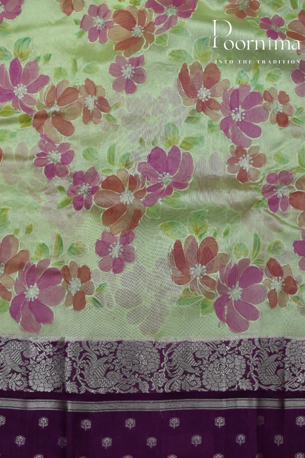 LIGHT PARROT GREEN- PURE BANARASI APPLIQUE WORK SAREE