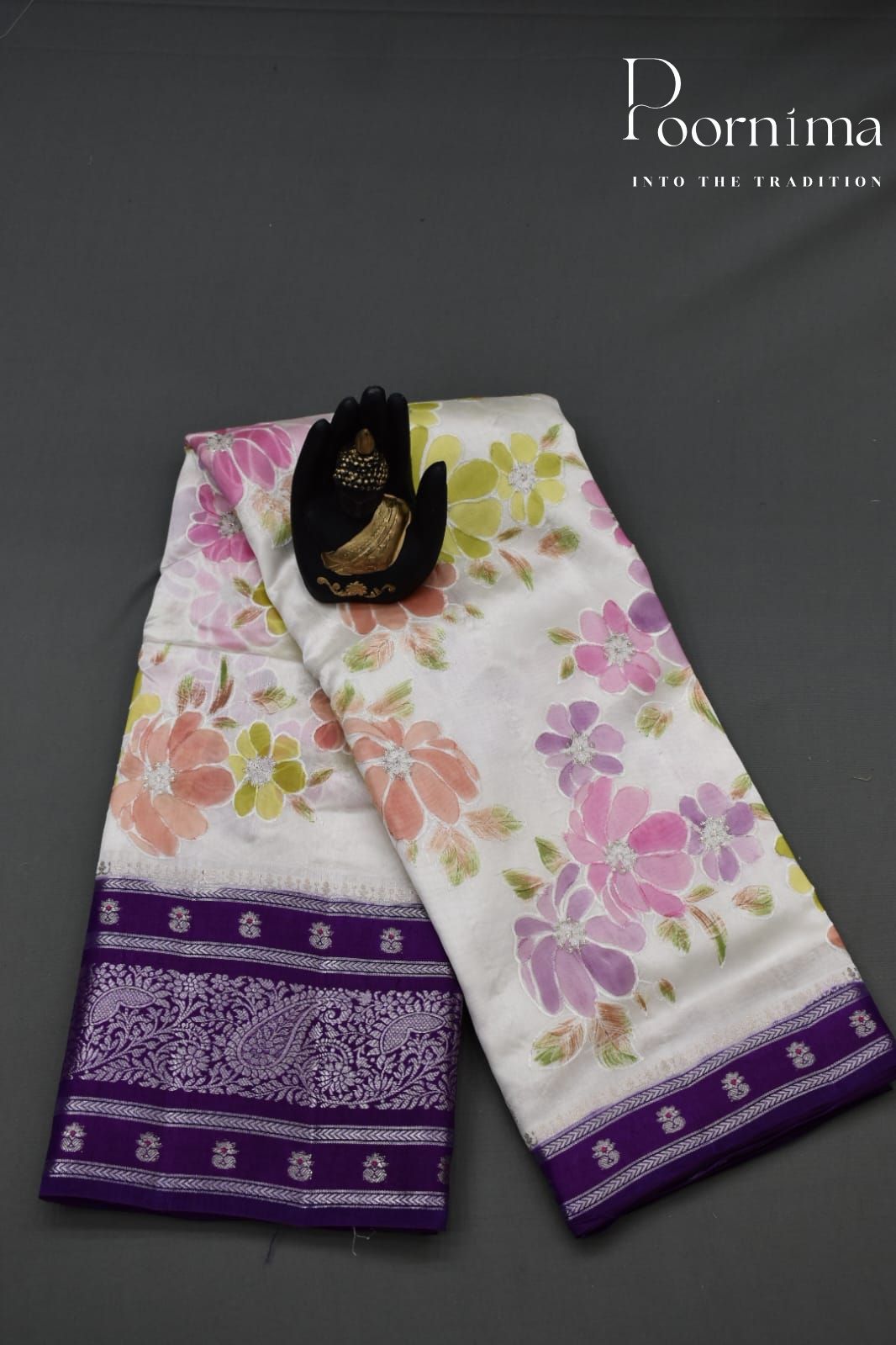HALF WHITE- PURE BANARASI APPLIQUE WORK SAREE