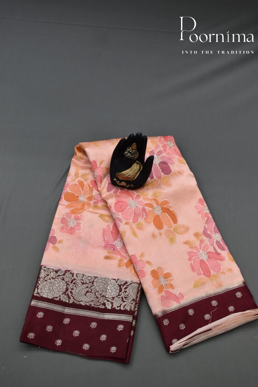 LIGHT ORANGE- PURE BANARASI APPLIQUE WORK SAREE