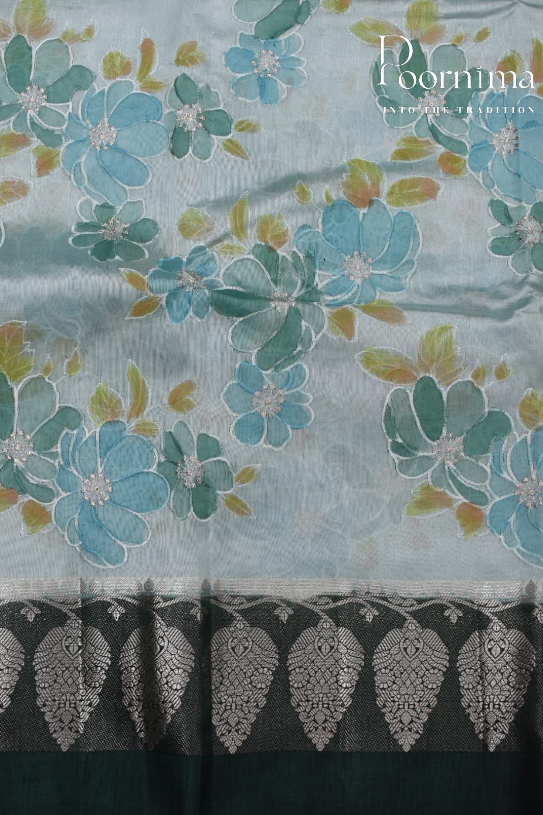 WATER BLUE- PURE BANARASI APPLIQUE WORK SAREE