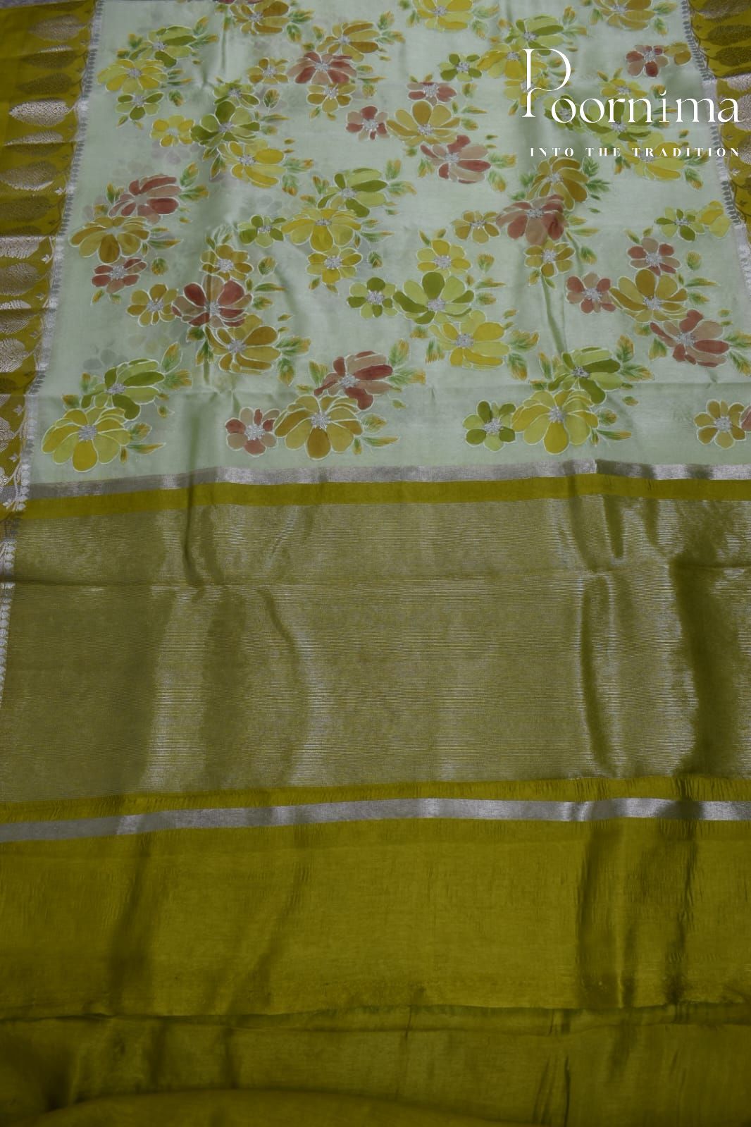 LIGHT PARROT GREEN- PURE BANARASI APPLIQUE WORK SAREE