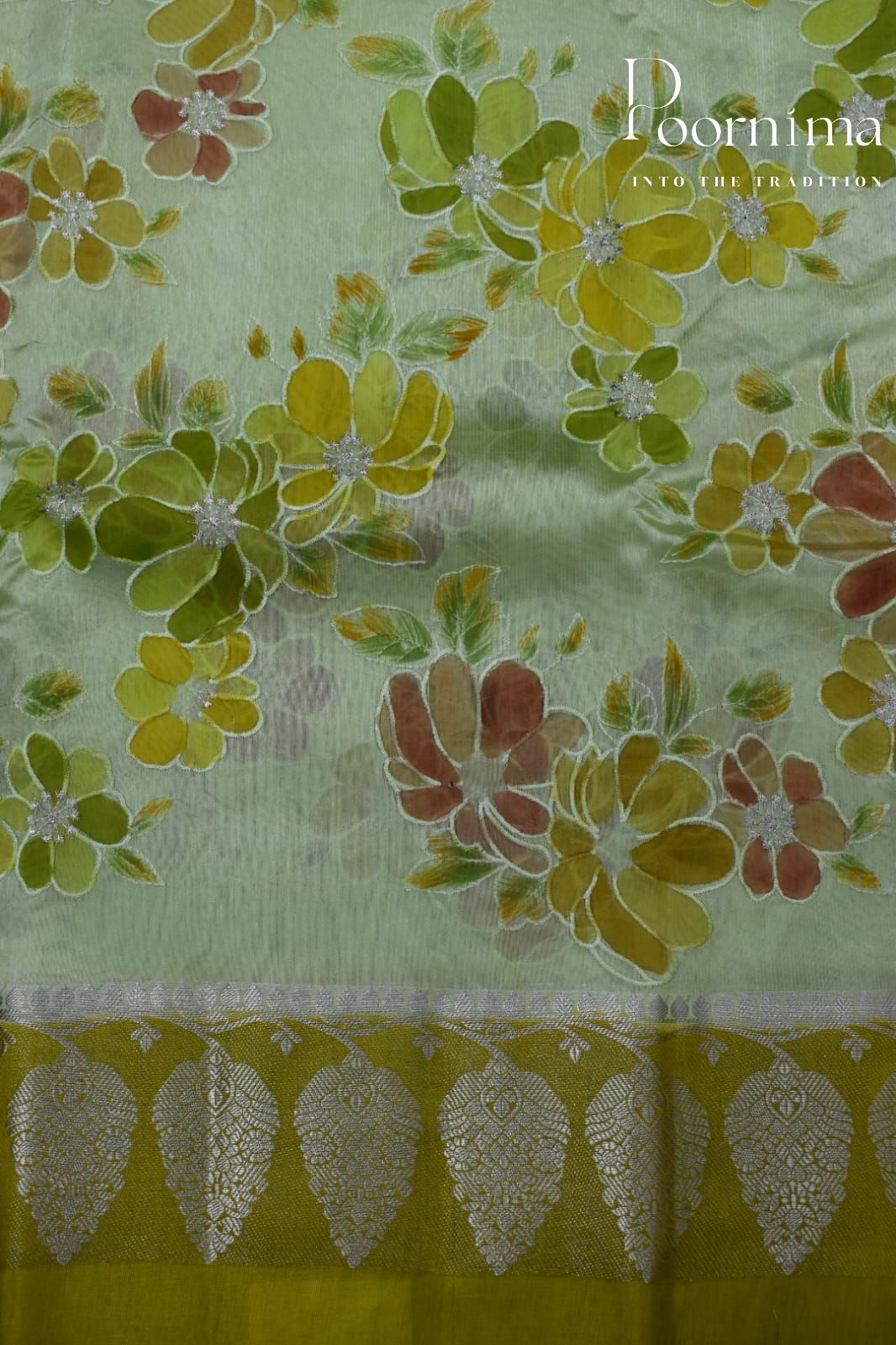 LIGHT PARROT GREEN- PURE BANARASI APPLIQUE WORK SAREE