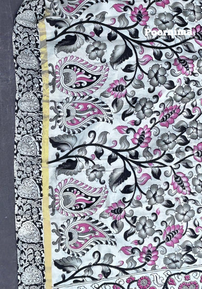 The beautiful saree with pink and black combination with Allover kalamkari Printing