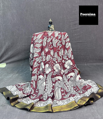 KADHI SILK FABRIC MEROON WITH WHITE COMBINATION KANCHI GOLD BORDER