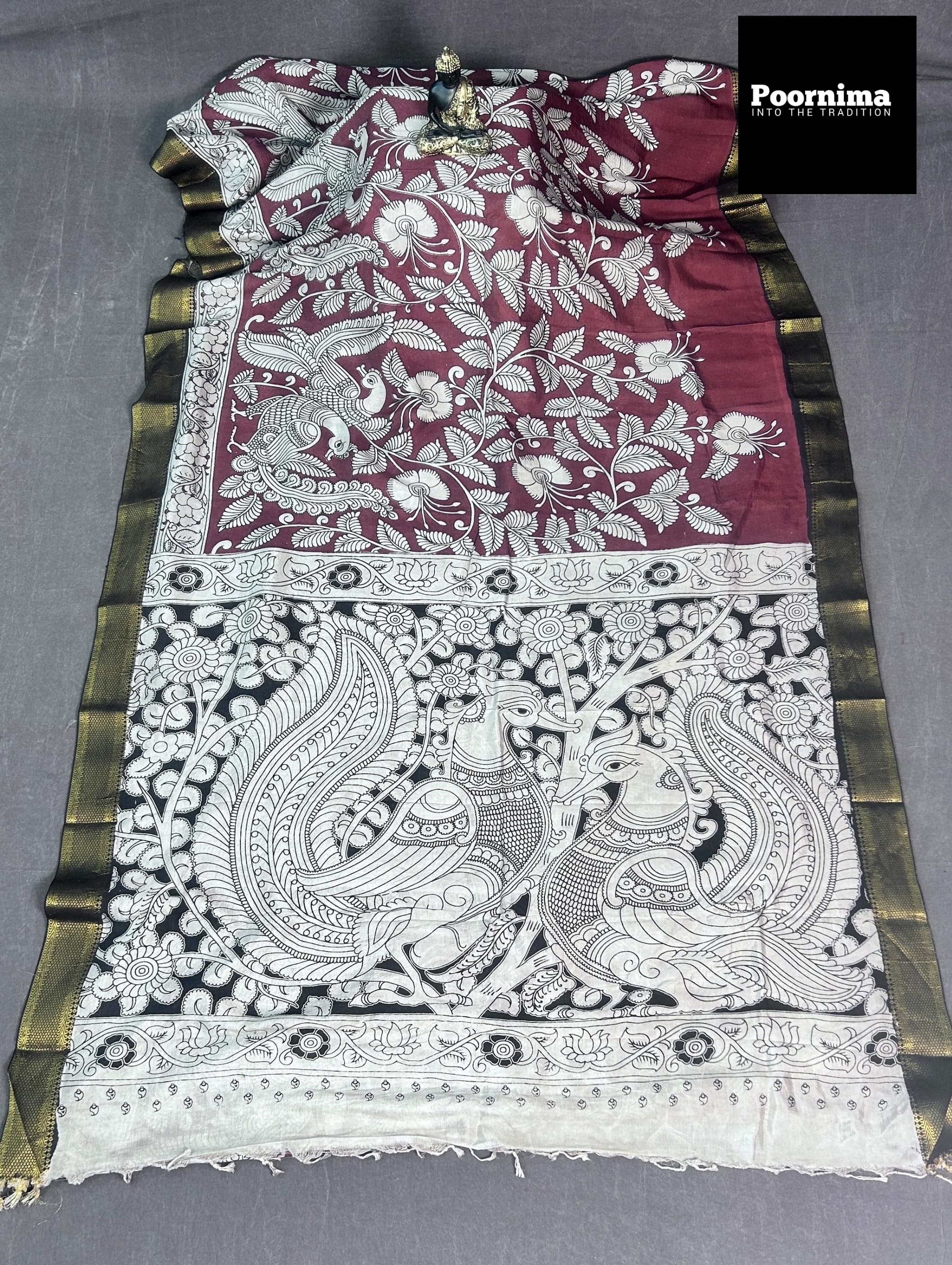 KADHI SILK FABRIC MEROON WITH WHITE COMBINATION KANCHI GOLD BORDER