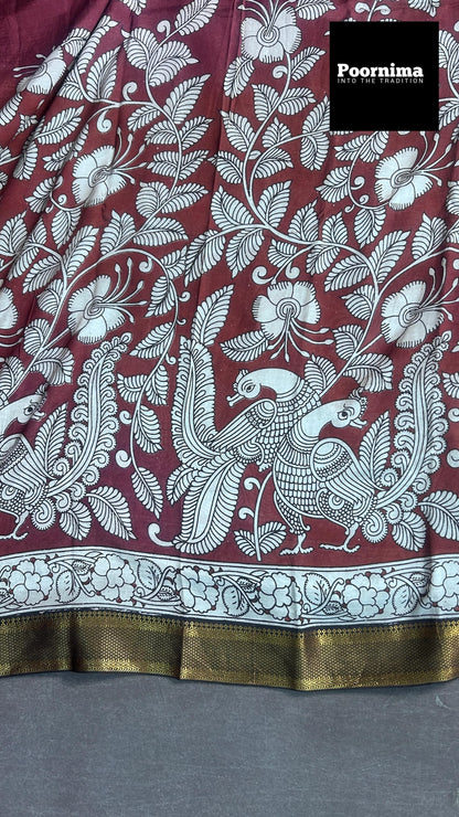 KADHI SILK FABRIC MEROON WITH WHITE COMBINATION KANCHI GOLD BORDER