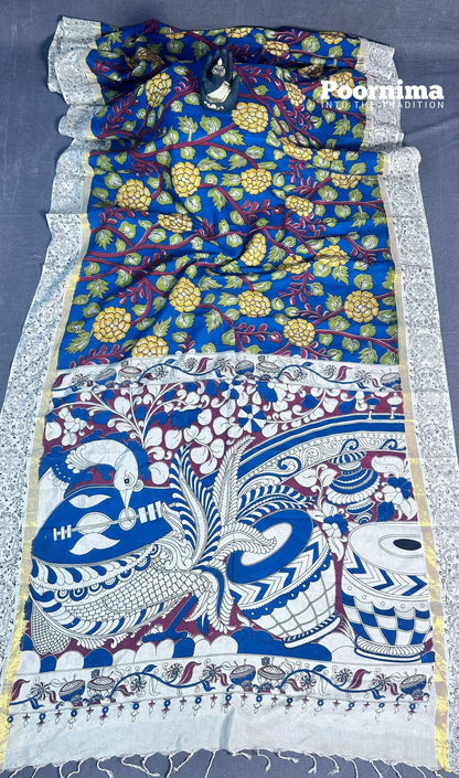 THUSER WITH KALAMKARI PRINT YELLOW FLOWERS GREEEN LIFS WITH BODY COLUR AND SMALL GOLD JARRY BORDER