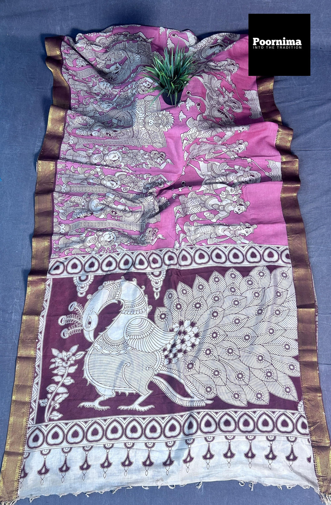KADHI SILK WITH KANCHI BORDER PINK AND WHITE COMBINATION WITH KALAMAKARI PRINTS