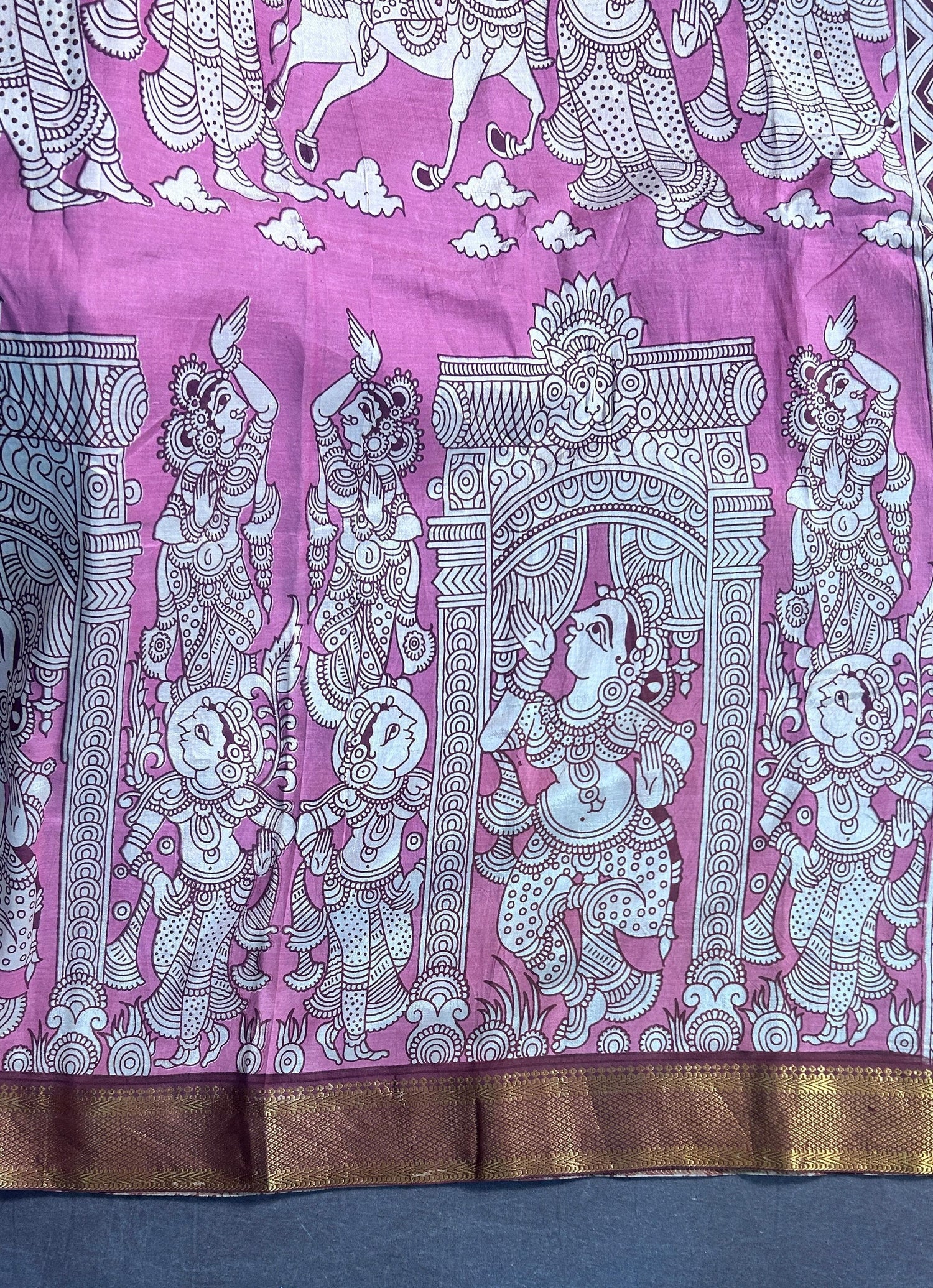 KADHI SILK WITH KANCHI BORDER PINK AND WHITE COMBINATION WITH KALAMAKARI PRINTS