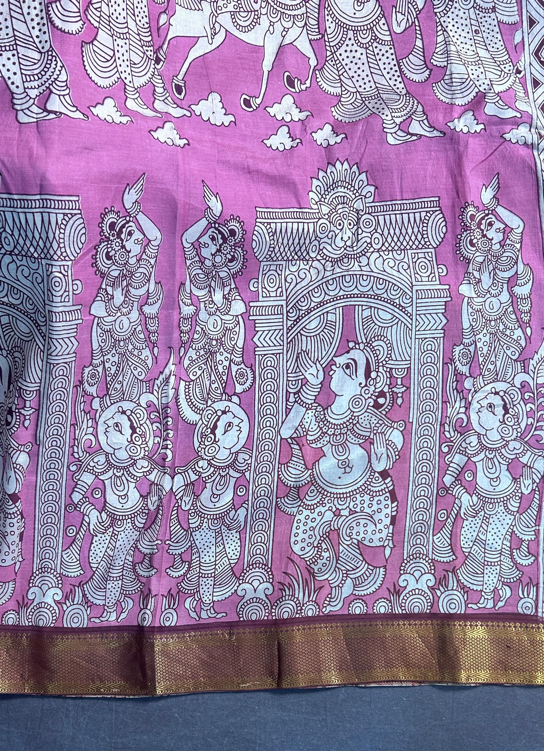 KADHI SILK WITH KANCHI BORDER PINK AND WHITE COMBINATION WITH KALAMAKARI PRINTS