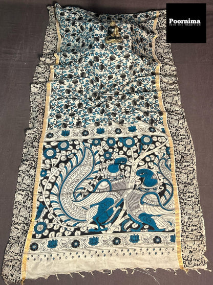GAJI SILK WITH SMALL GOLD BORDER WITH BLACK AND BLUE COMBINATION WITH CREAM COLOUR BODY