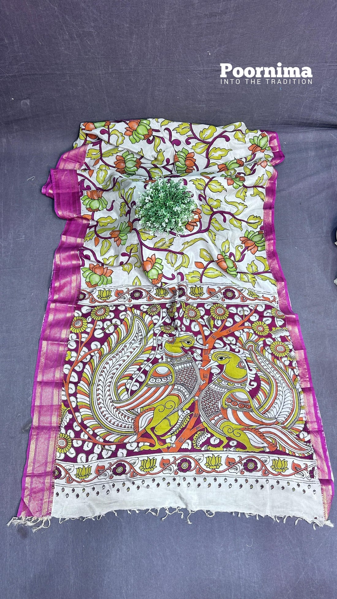 KADHI  THUSER FABRIC PINK AND YELLOW COMBINATION WITH CREAM COLUR BODY