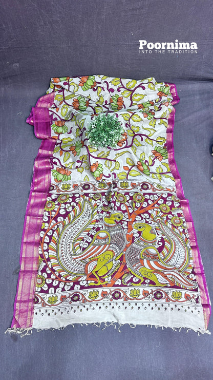 KADHI  THUSER FABRIC PINK AND YELLOW COMBINATION WITH CREAM COLUR BODY