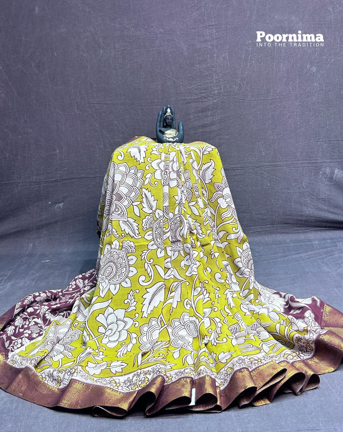 KADHI THUSER WITH KALAMKARI PRINTS YELLOW BODY AND MERRON COLUR DESIGN