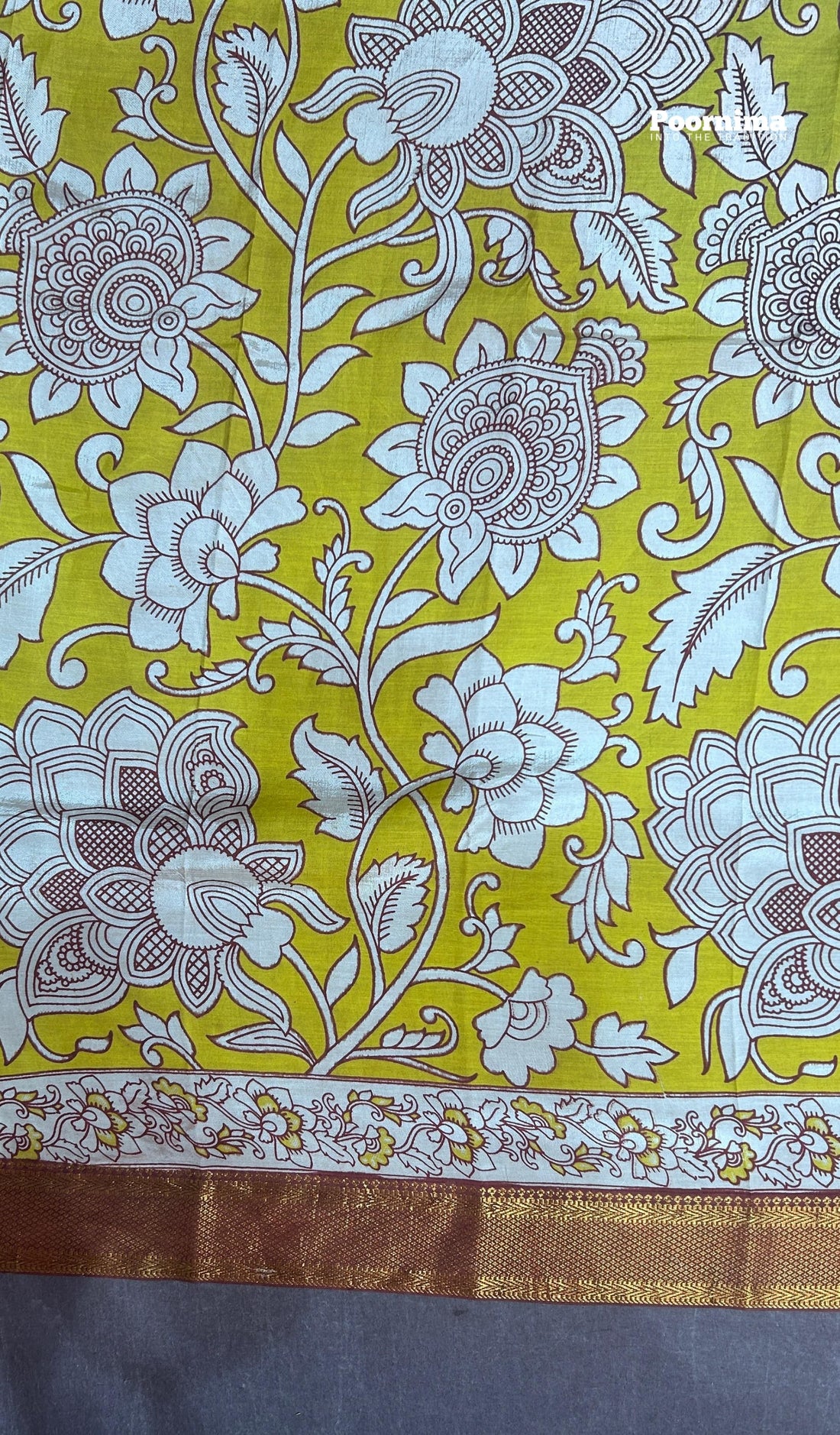 KADHI THUSER WITH KALAMKARI PRINTS YELLOW BODY AND MERRON COLUR DESIGN