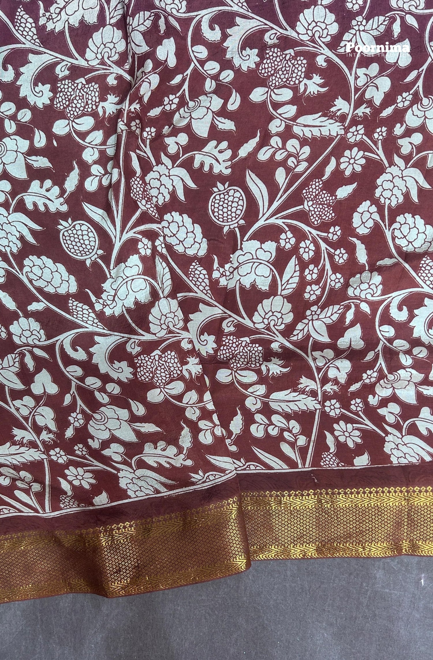 KADHI THUSER WITH KALAMKARI PRINTS YELLOW BODY AND MERRON COLUR DESIGN