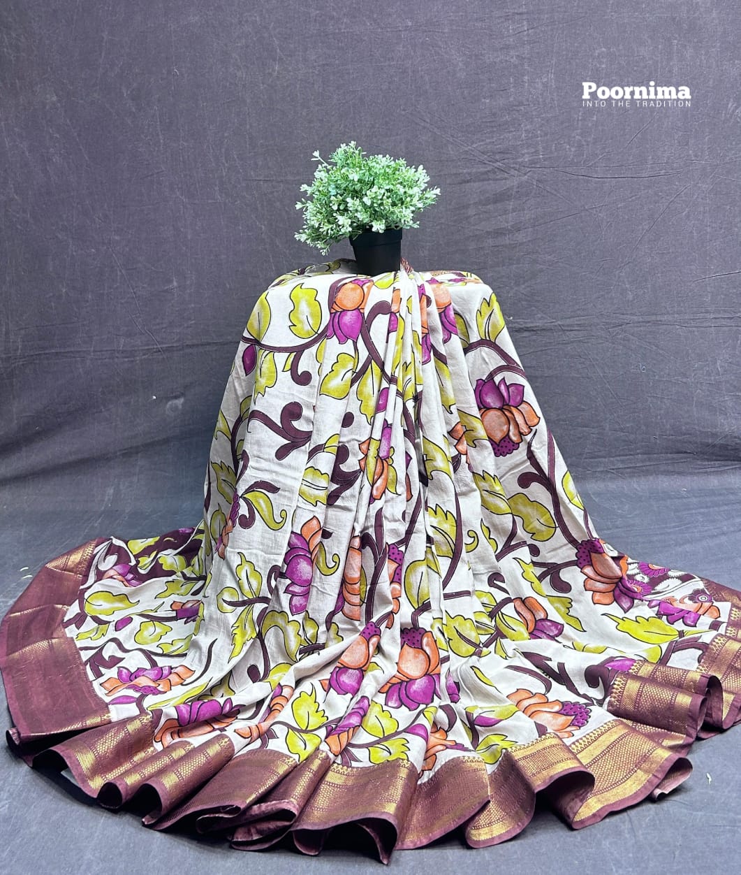 KADHI THUSEER YELLOE AND PINK WITH KALAMAKARI PRINTS GOLD JERRY BORDER