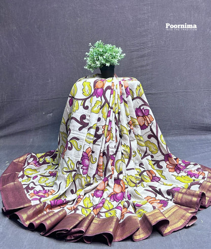 KADHI THUSEER YELLOE AND PINK WITH KALAMAKARI PRINTS GOLD JERRY BORDER