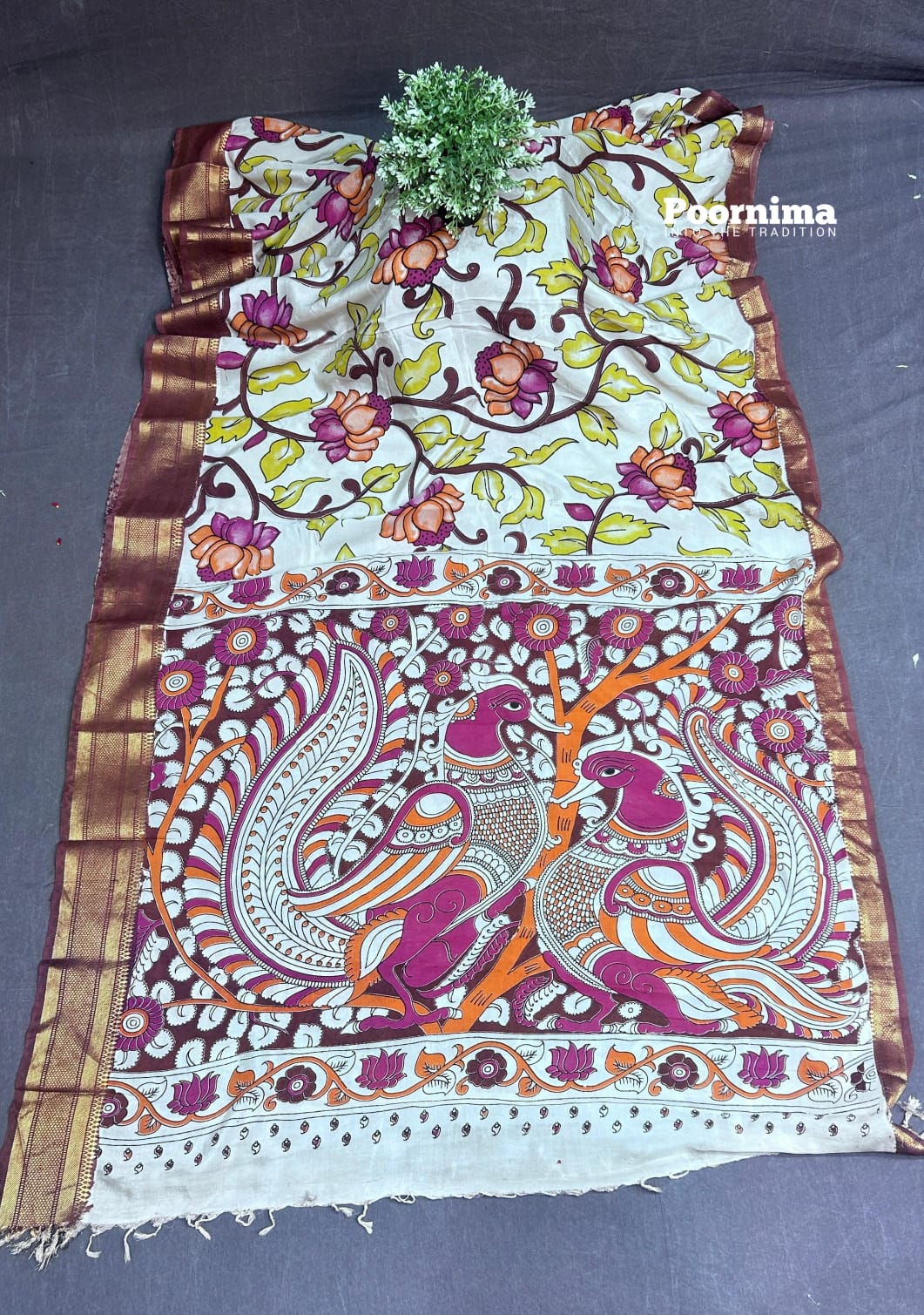 KADHI THUSEER YELLOE AND PINK WITH KALAMAKARI PRINTS GOLD JERRY BORDER