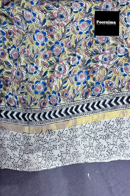GAKI SILK LIGHT YELLOW AND LIGHT RED WITH KALAMAKARI PRINTS KADDI BORDER