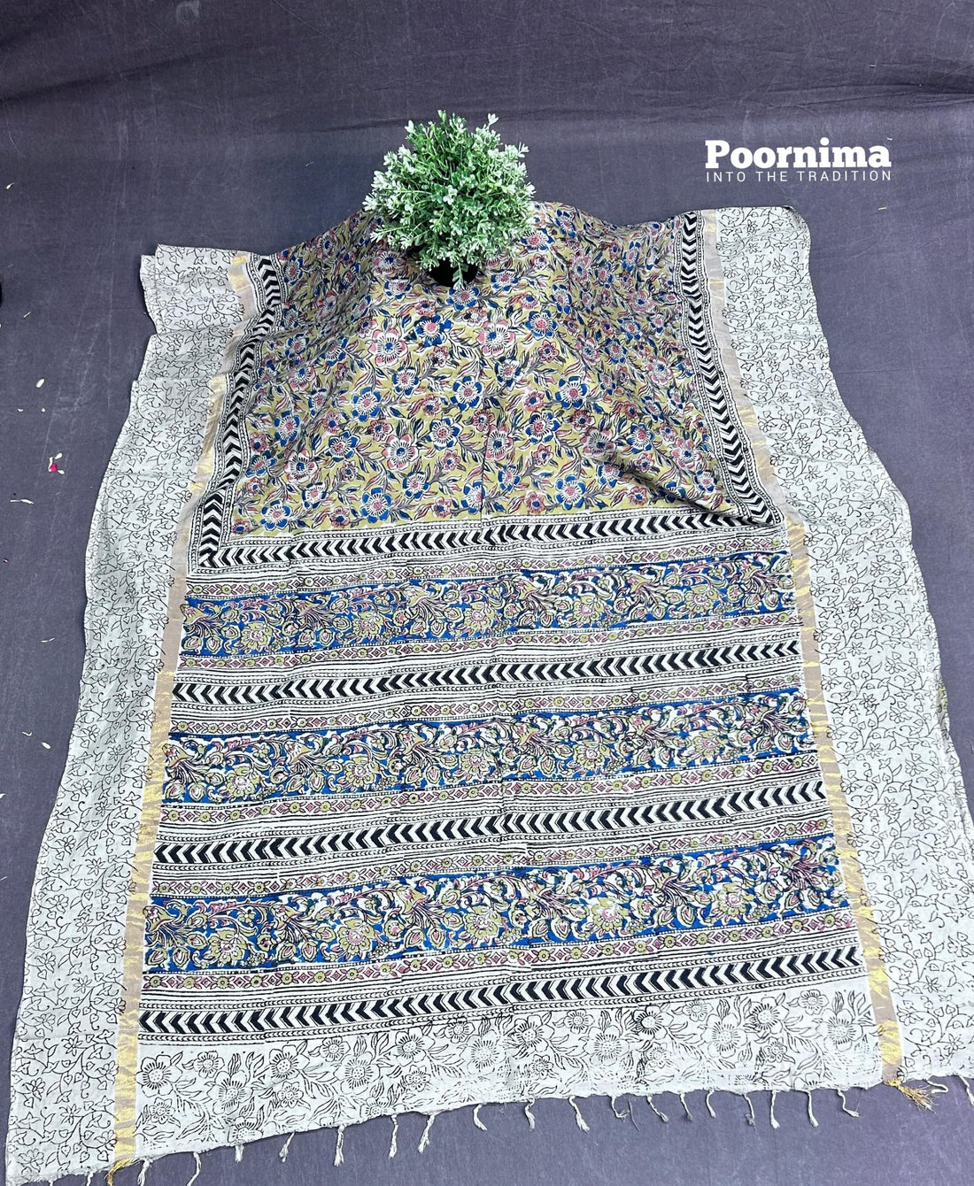 GAKI SILK LIGHT YELLOW AND LIGHT RED WITH KALAMAKARI PRINTS KADDI BORDER