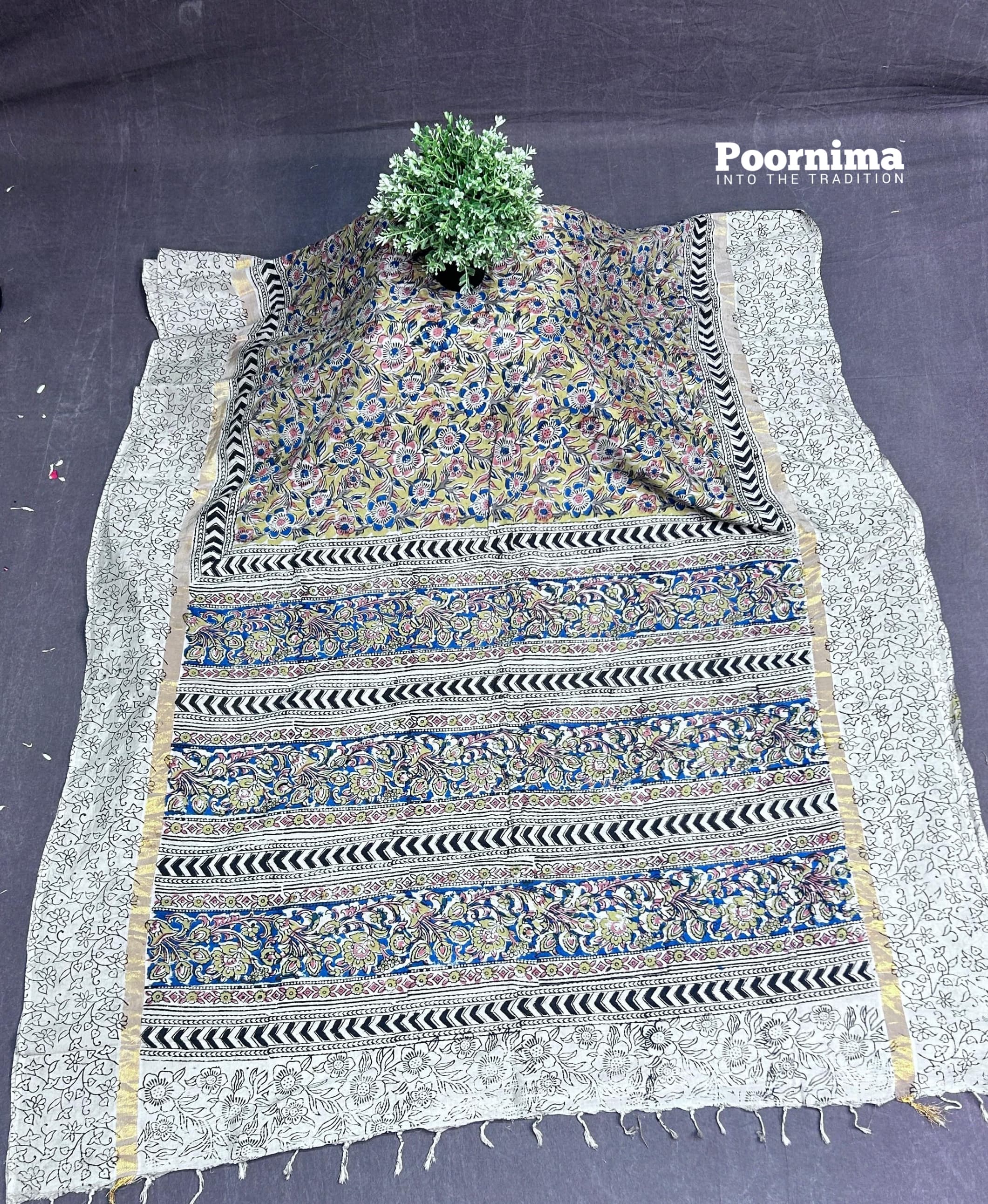 GAKI SILK LIGHT YELLOW AND LIGHT RED WITH KALAMAKARI PRINTS KADDI BORDER