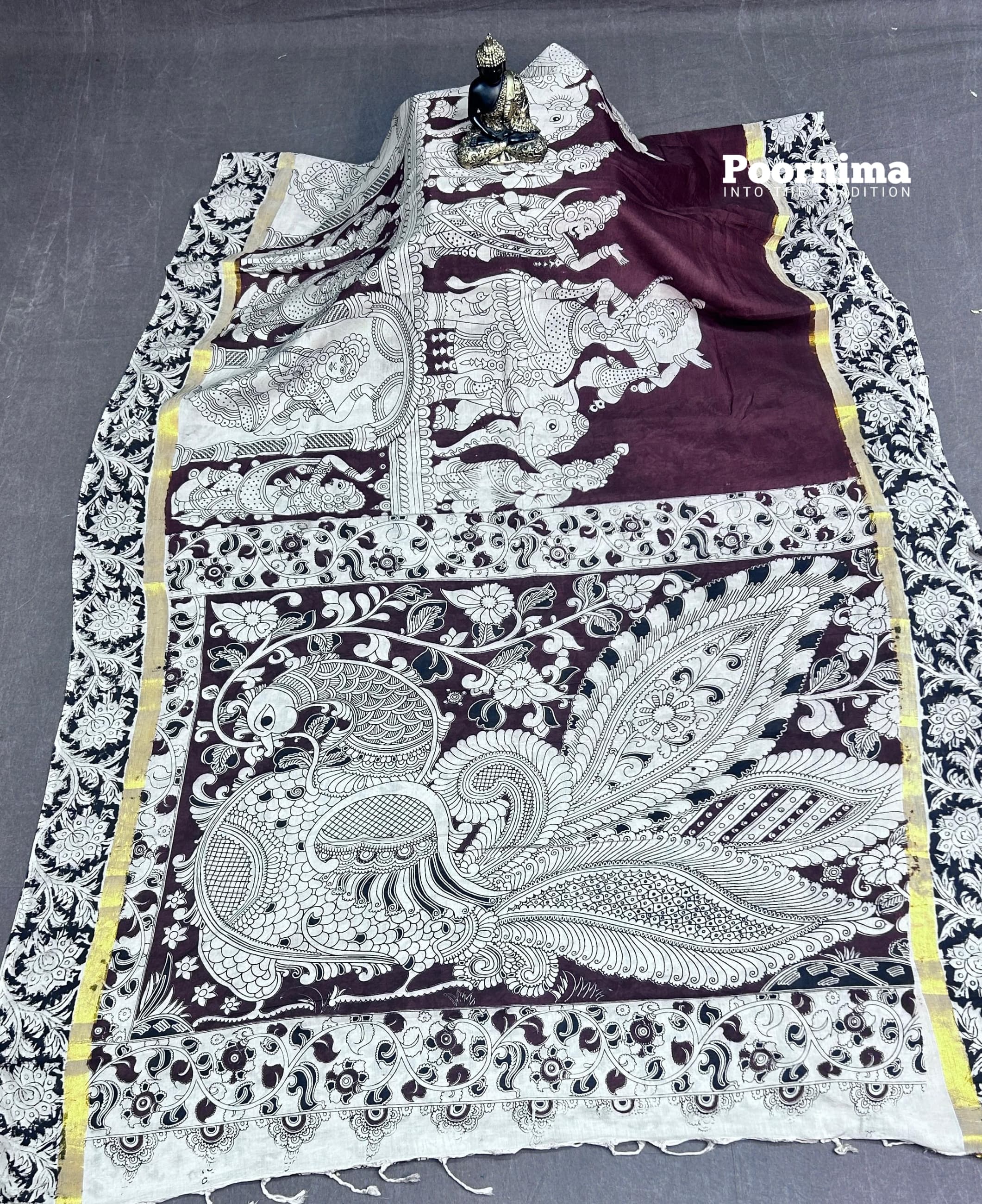 KADHI SILK MERRON WITH CREAM COLUR WITH KALAMAKARI PRINTS KADDI BORDER