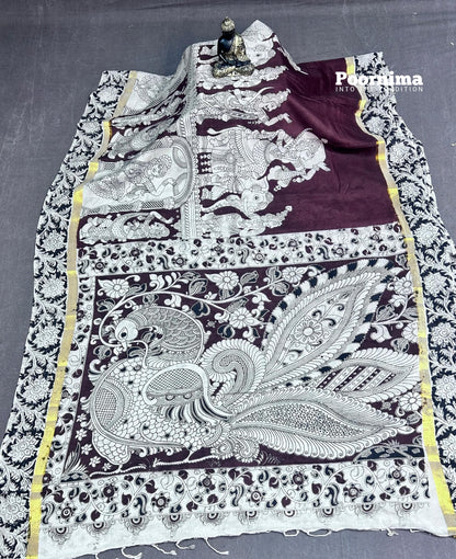 KADHI SILK MERRON WITH CREAM COLUR WITH KALAMAKARI PRINTS KADDI BORDER