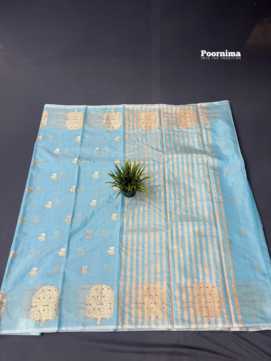 CHANDERI - SKY BLUE AND BORDER WITH MINAKARI WORK