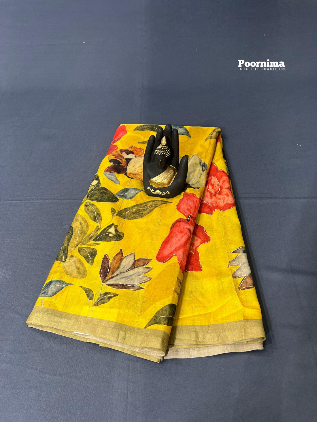 YELLOW COLOUR THUSSER WITH ALL OVER SAREE LIFE AND FLOWERS DESIGN