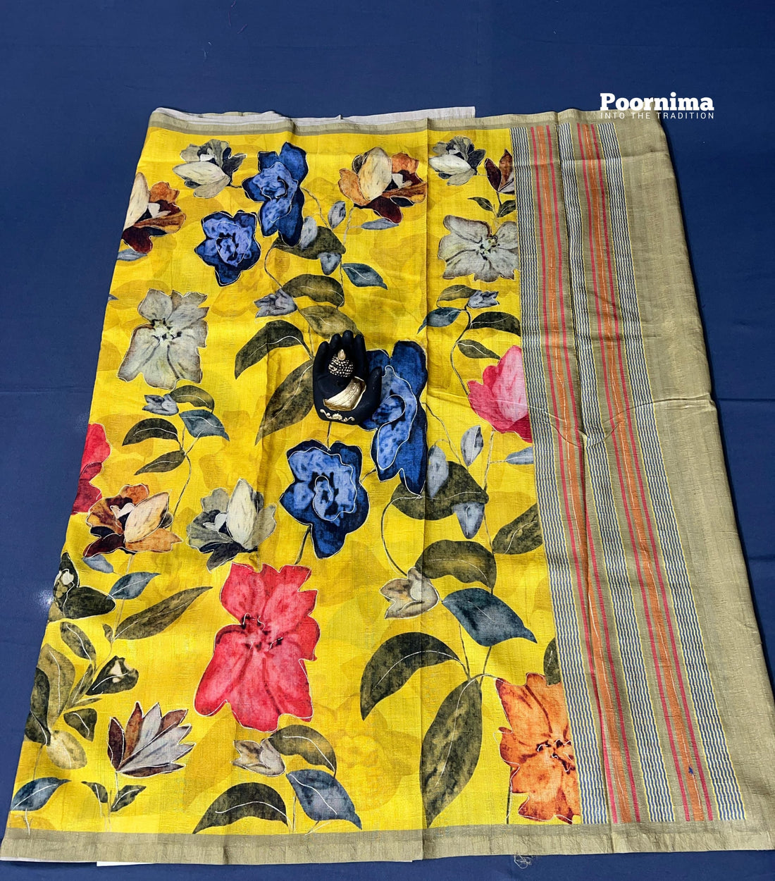 YELLOW COLOUR THUSSER WITH ALL OVER SAREE LIFE AND FLOWERS DESIGN