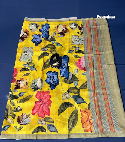 YELLOW COLOUR THUSSER WITH ALL OVER SAREE LIFE AND FLOWERS DESIGN