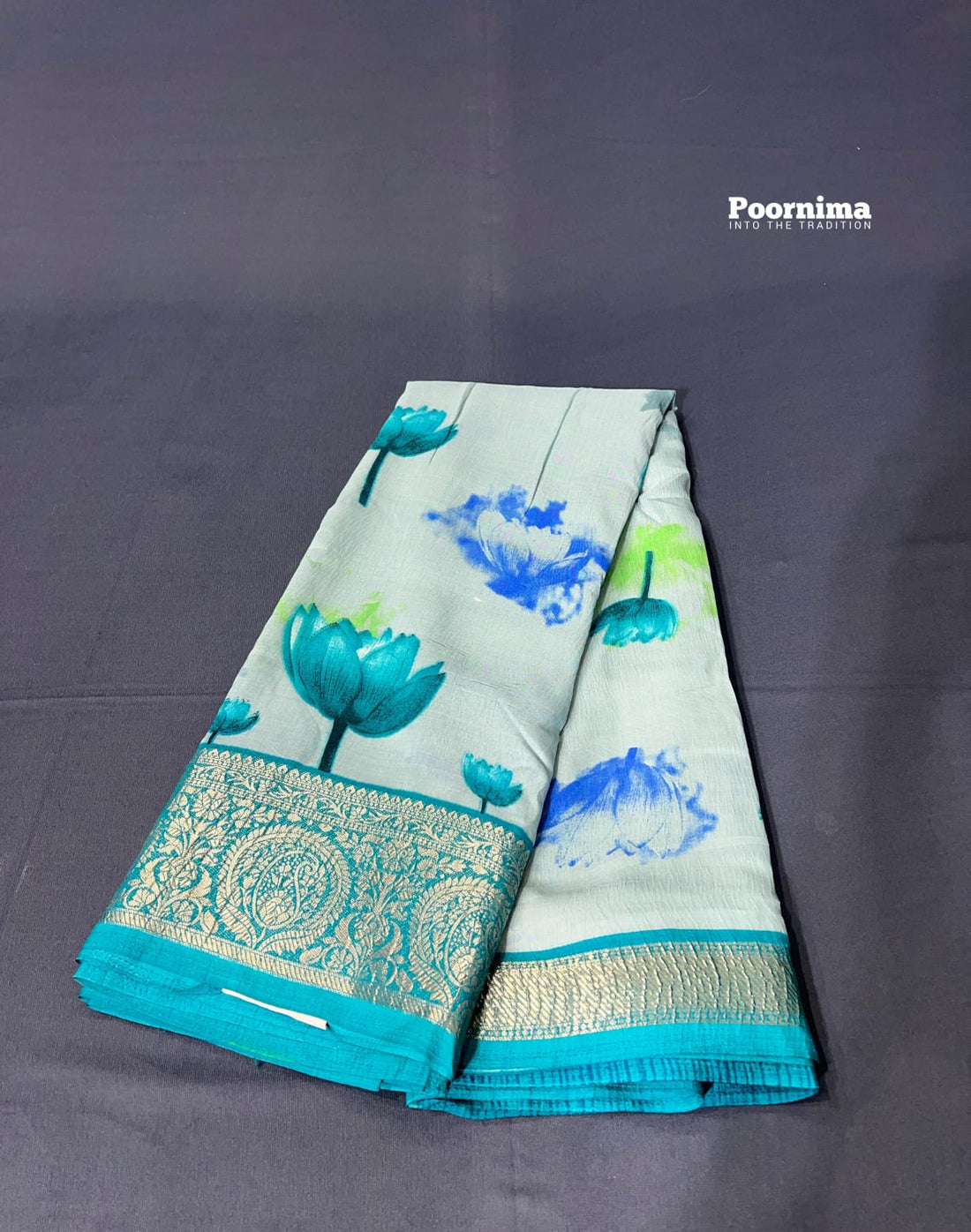 SHIPPAN CREAPE WITYH SKY BLUE COLOUR ALLOVWER SAREE WITH LOUTAS DESIGN