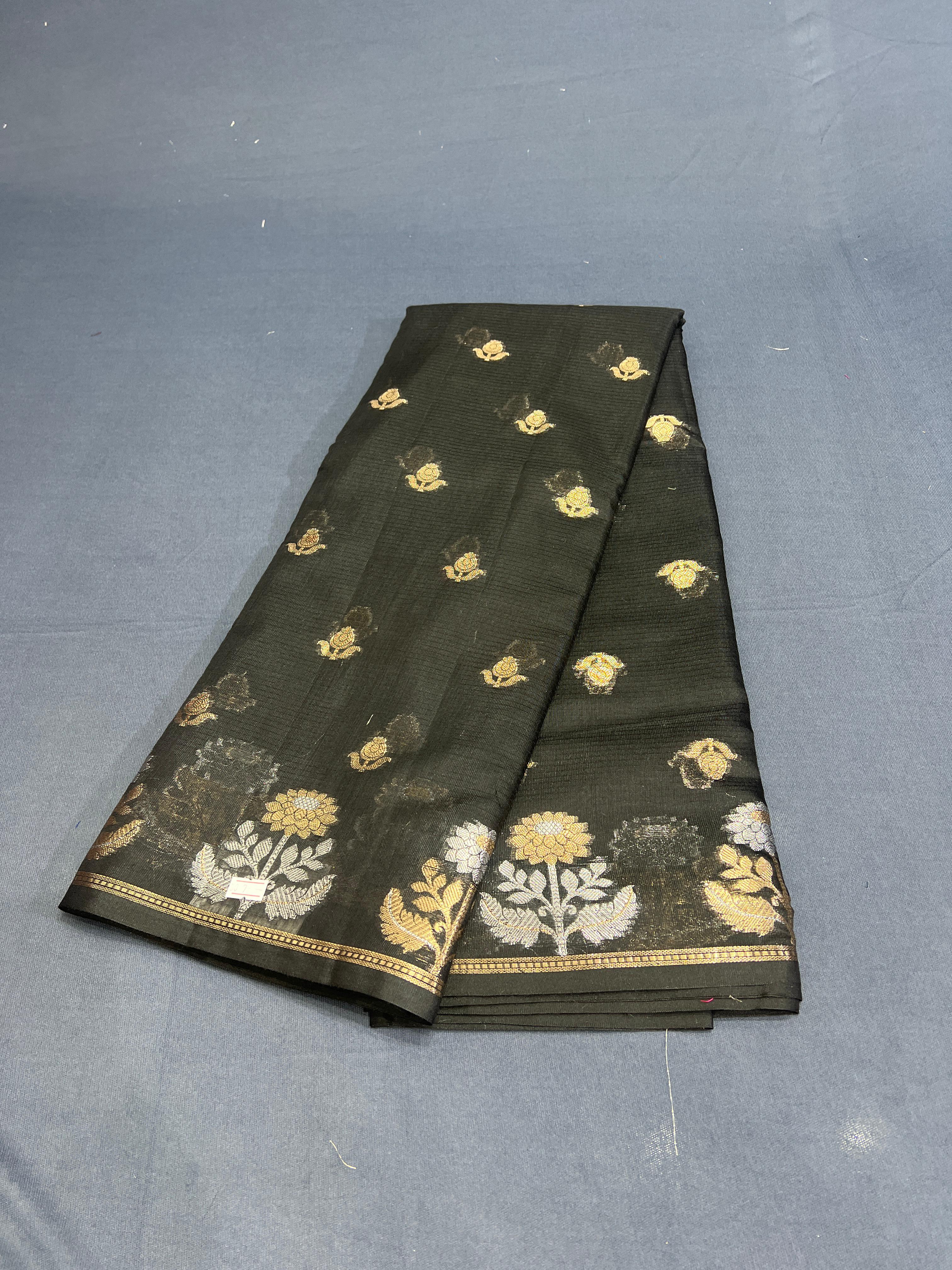 BLACK SILK BY COOTON SAREE WITH ALLOVERS SAREE WITH GOLD BUTAS