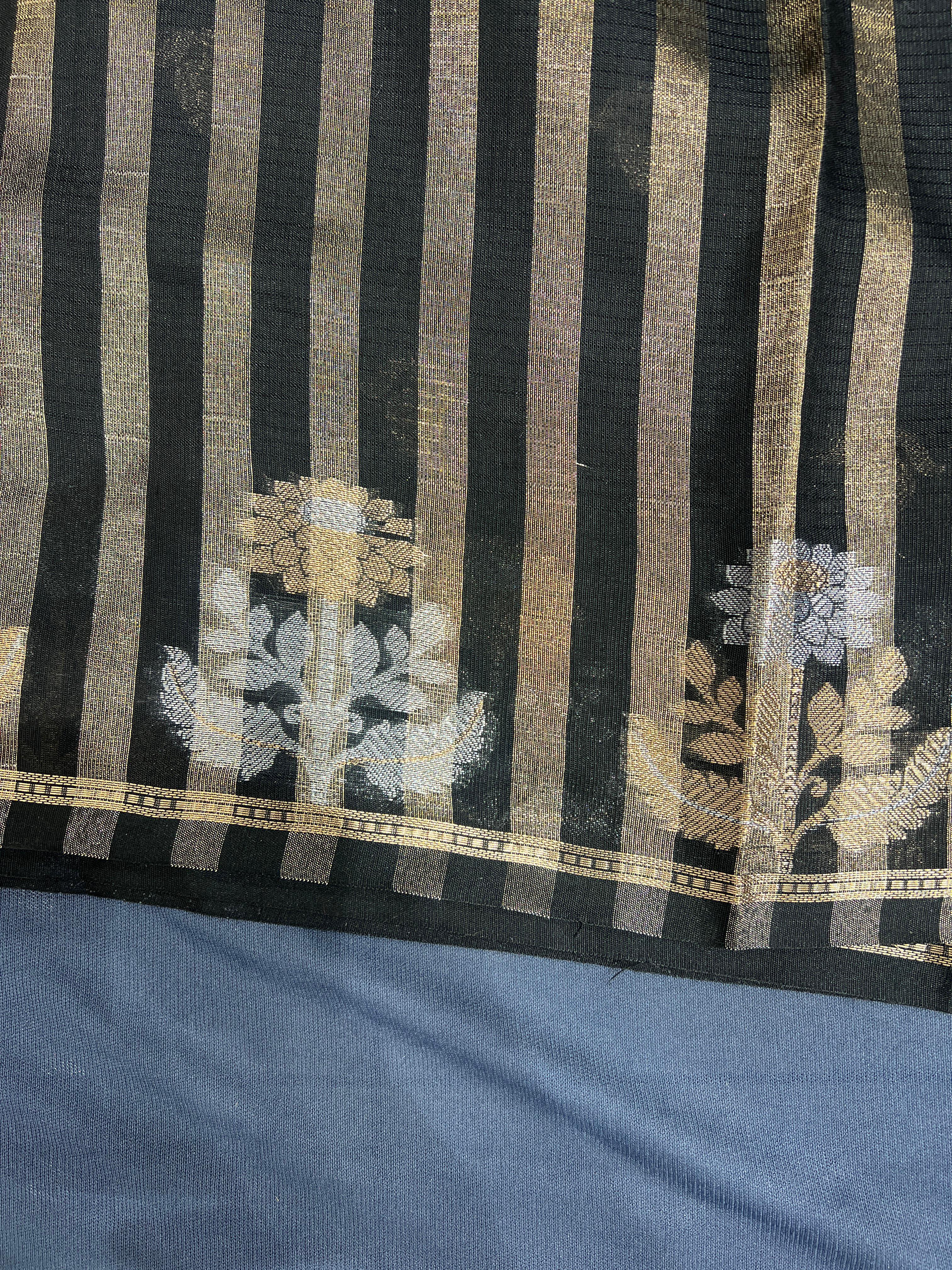 BLACK SILK BY COOTON SAREE WITH ALLOVERS SAREE WITH GOLD BUTAS