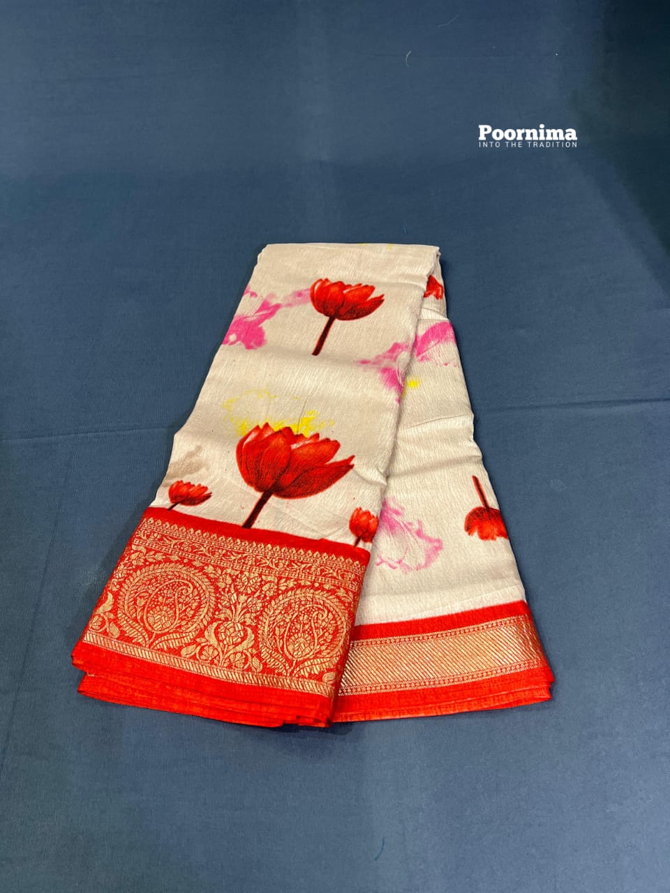 SHIPPAN CRAPE WITH RED COLUR AND ALLOVER SAREE LOUTUS DESIGN