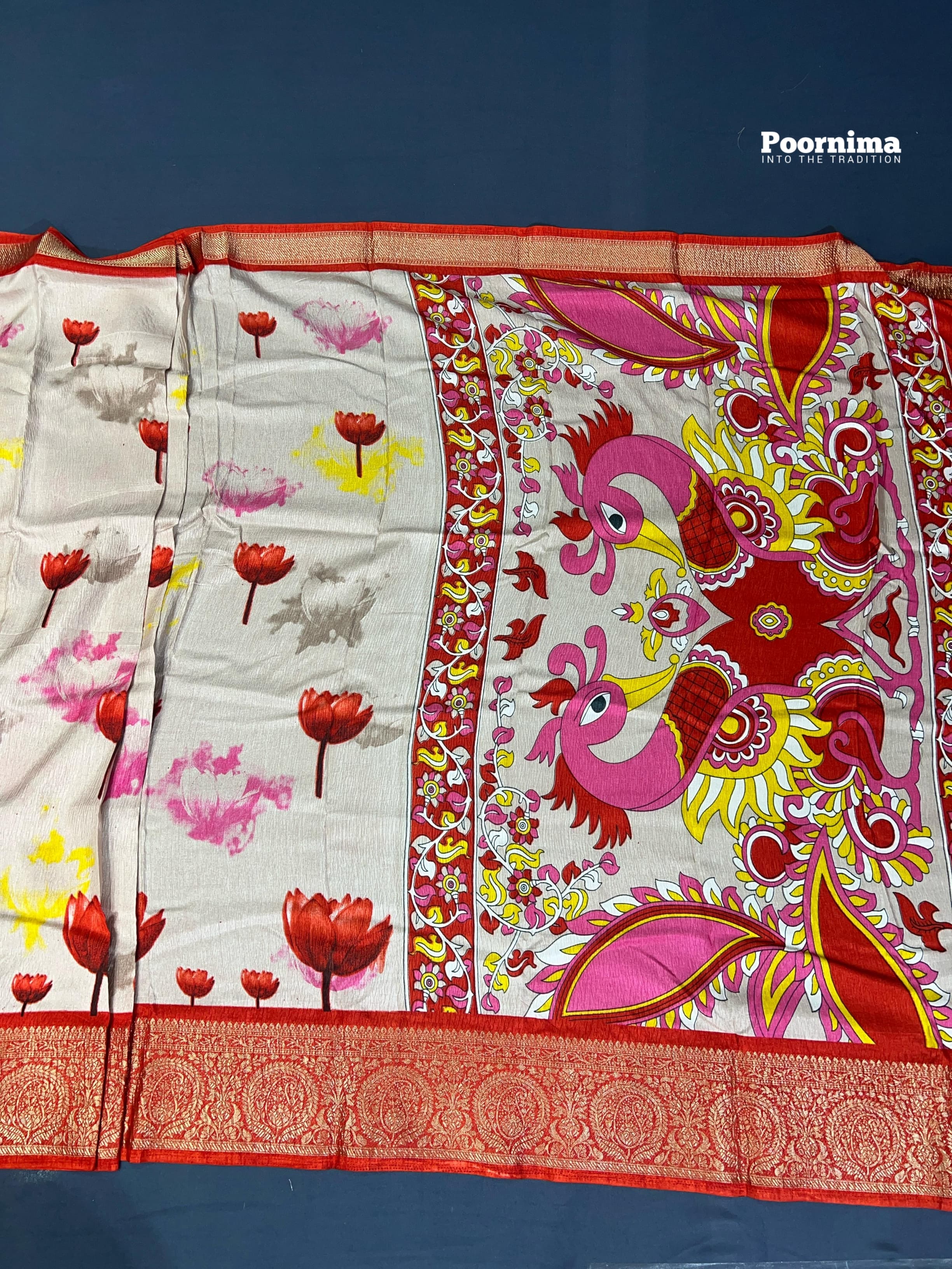 SHIPPAN CRAPE WITH RED COLUR AND ALLOVER SAREE LOUTUS DESIGN