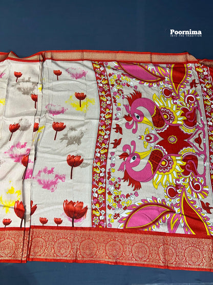 SHIPPAN CRAPE WITH RED COLUR AND ALLOVER SAREE LOUTUS DESIGN