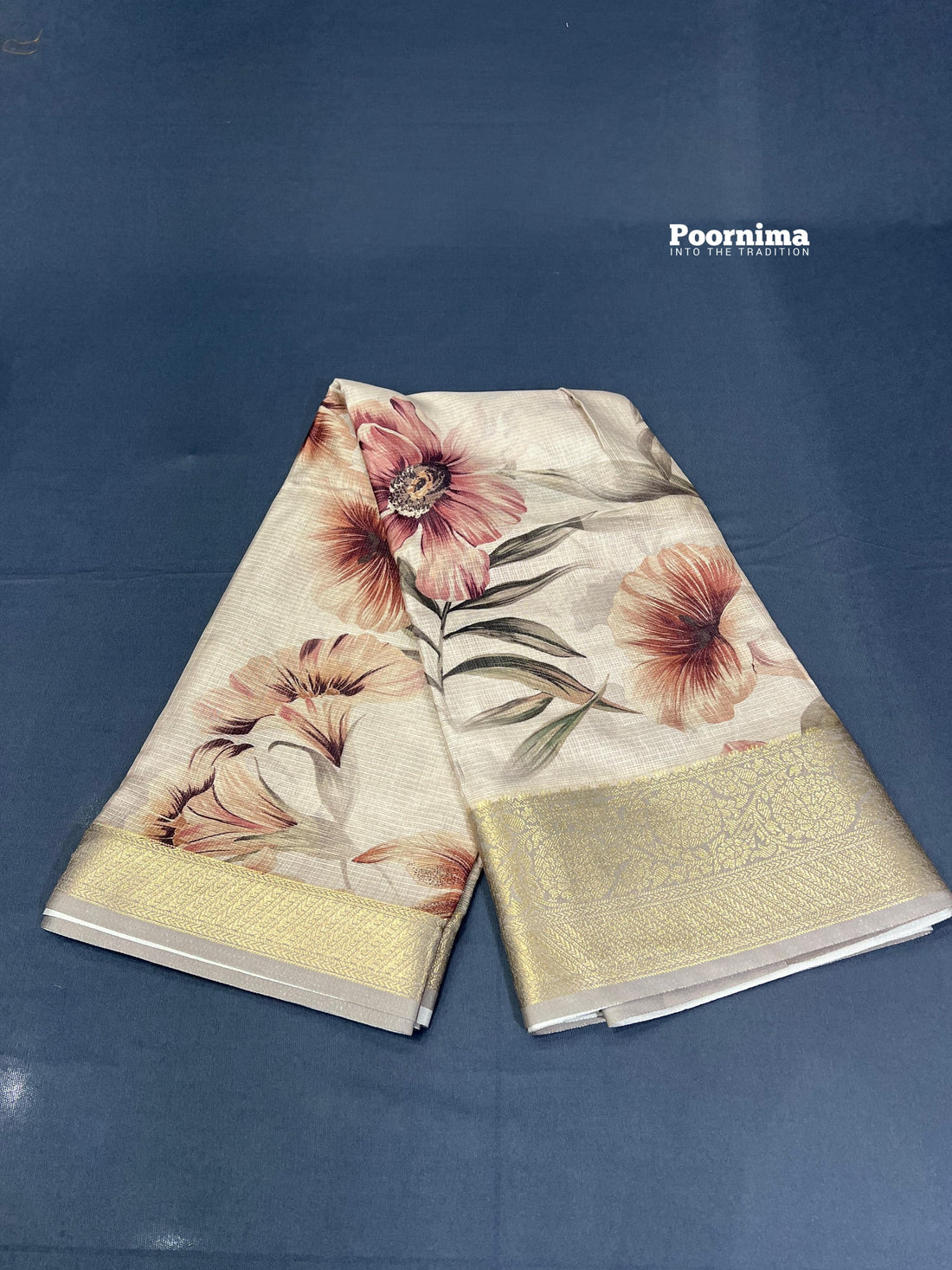 CREAM SHADE COLOUR KOTA SAREE ALLOVER SAREE WITH FLOWERS