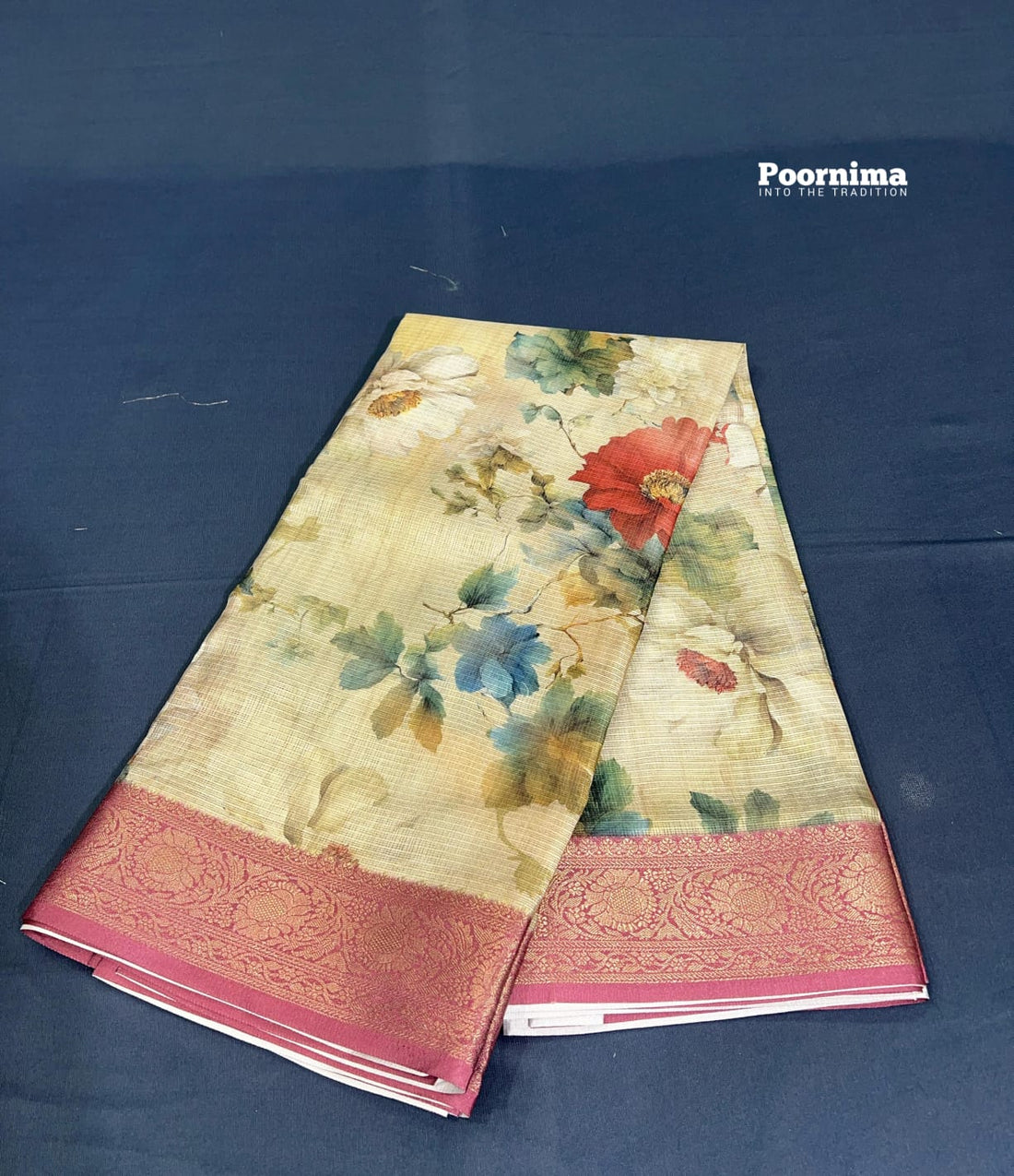 KOTA SAREE WITH THIK CREAM SHADE AND ALLOVER SAREE WITH FLOWERS AND LIFES DESIGN