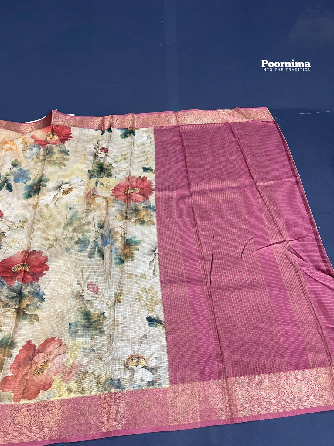 KOTA SAREE WITH THIK CREAM SHADE AND ALLOVER SAREE WITH FLOWERS AND LIFES DESIGN