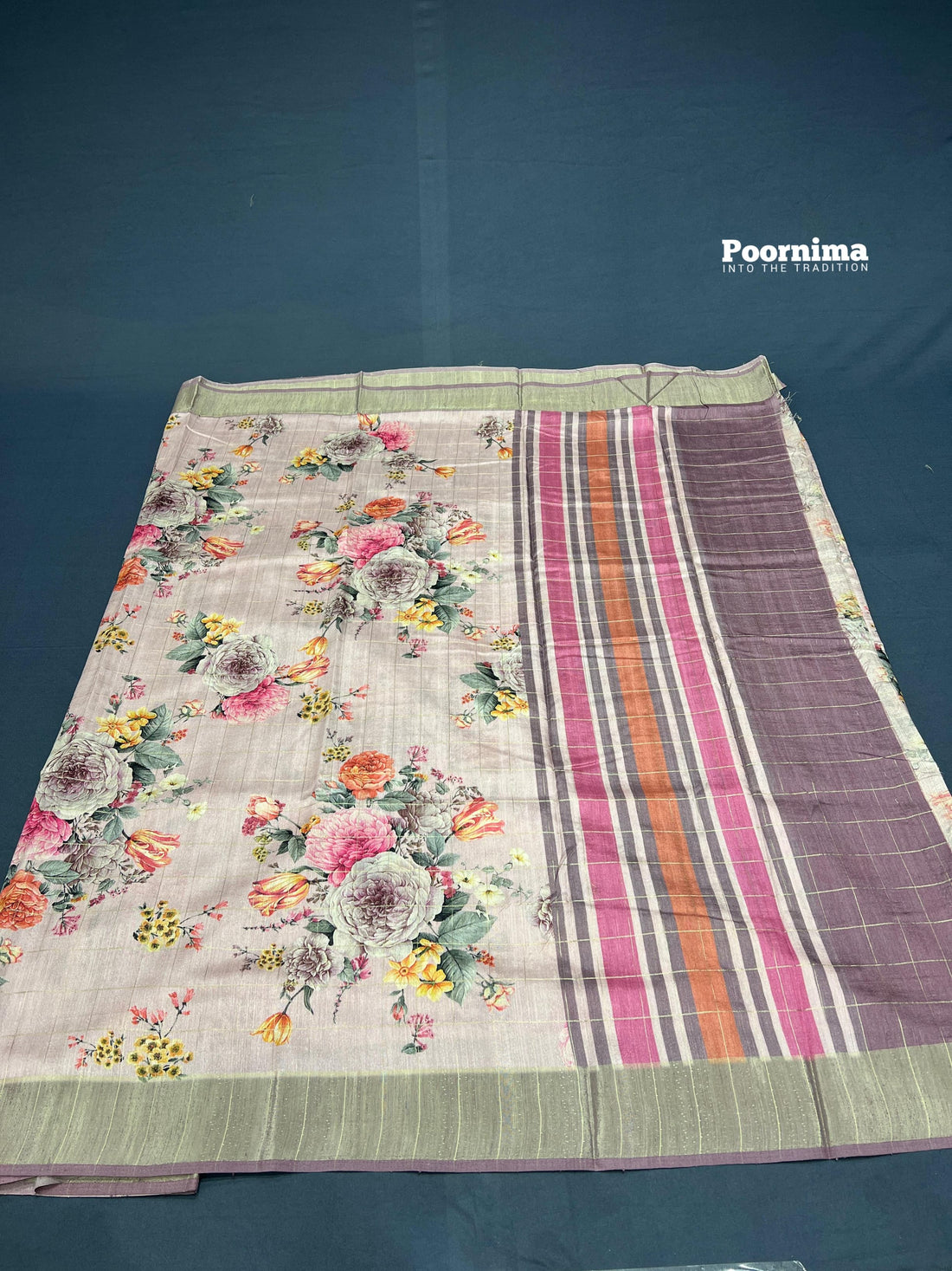LIGHT PINK TUSSAR AND CHECKS ALL OVER SAREE WIOTH FLOWERS DESIGHN