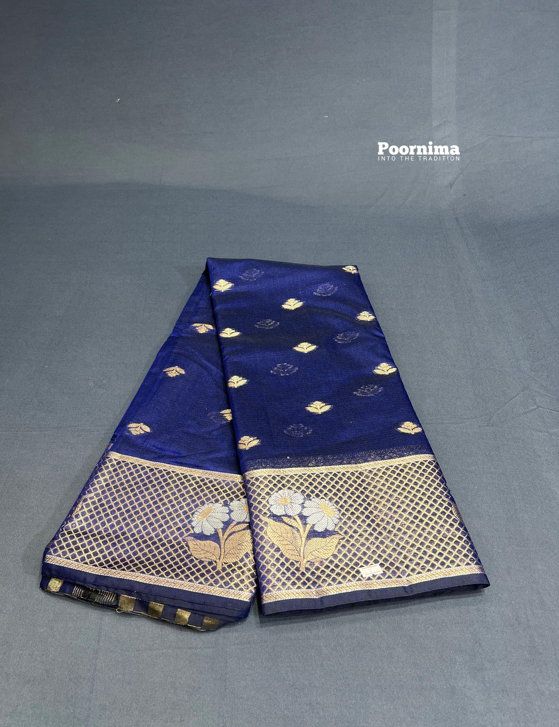 SILK BY COTTON ROYAL BLUE ALLOVER SAREE WITH GOLD BUTTES