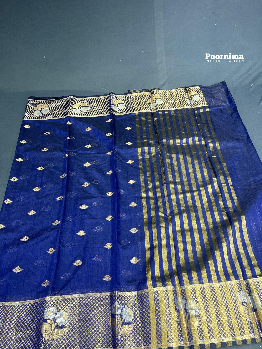 SILK BY COTTON ROYAL BLUE ALLOVER SAREE WITH GOLD BUTTES