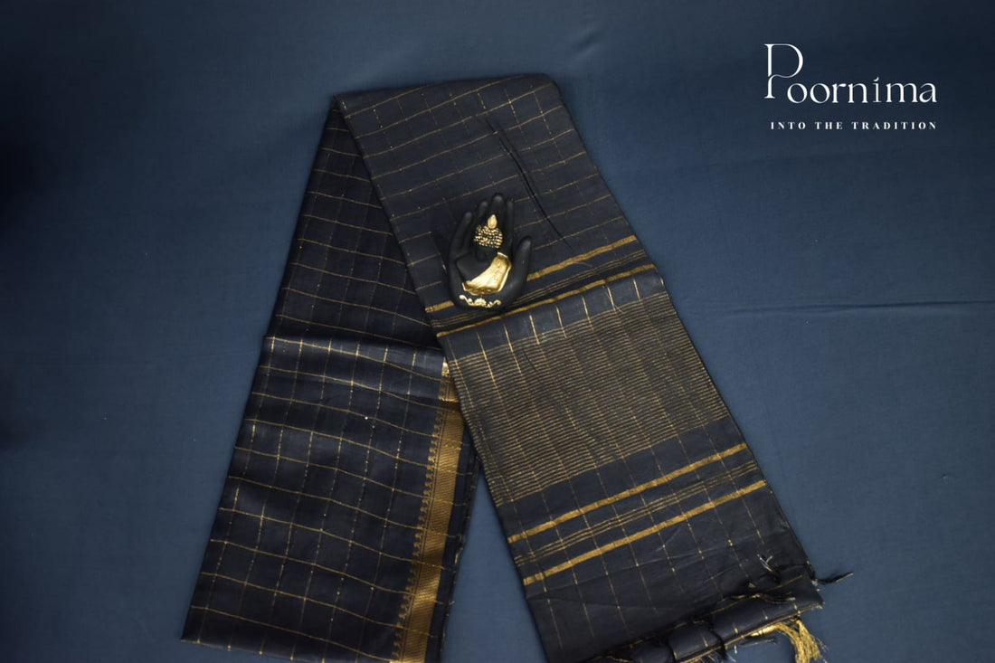 SEMI TUSSAR WITH BLACK AND GOLD COMBINATION