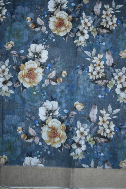 AZURE BLUE- LINEN COTTON FLORAL PRIINT SAREE