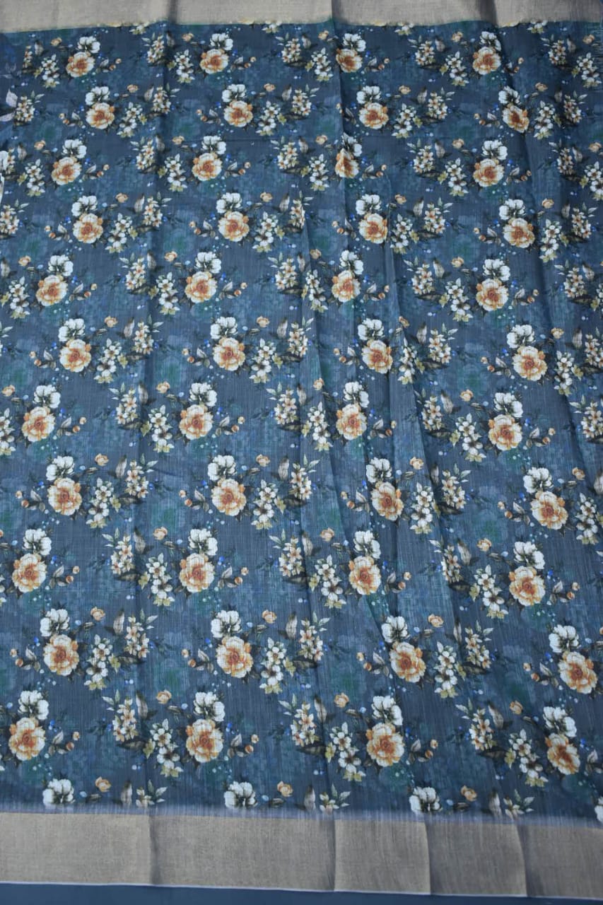 AZURE BLUE- LINEN COTTON FLORAL PRIINT SAREE