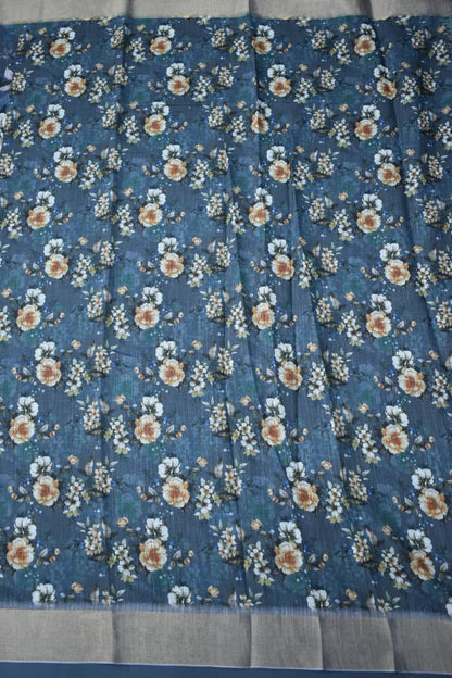 AZURE BLUE- LINEN COTTON FLORAL PRIINT SAREE