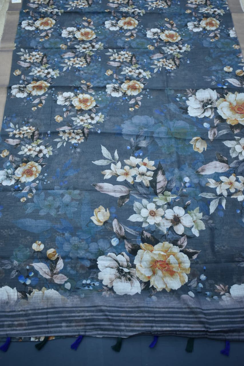 AZURE BLUE- LINEN COTTON FLORAL PRIINT SAREE