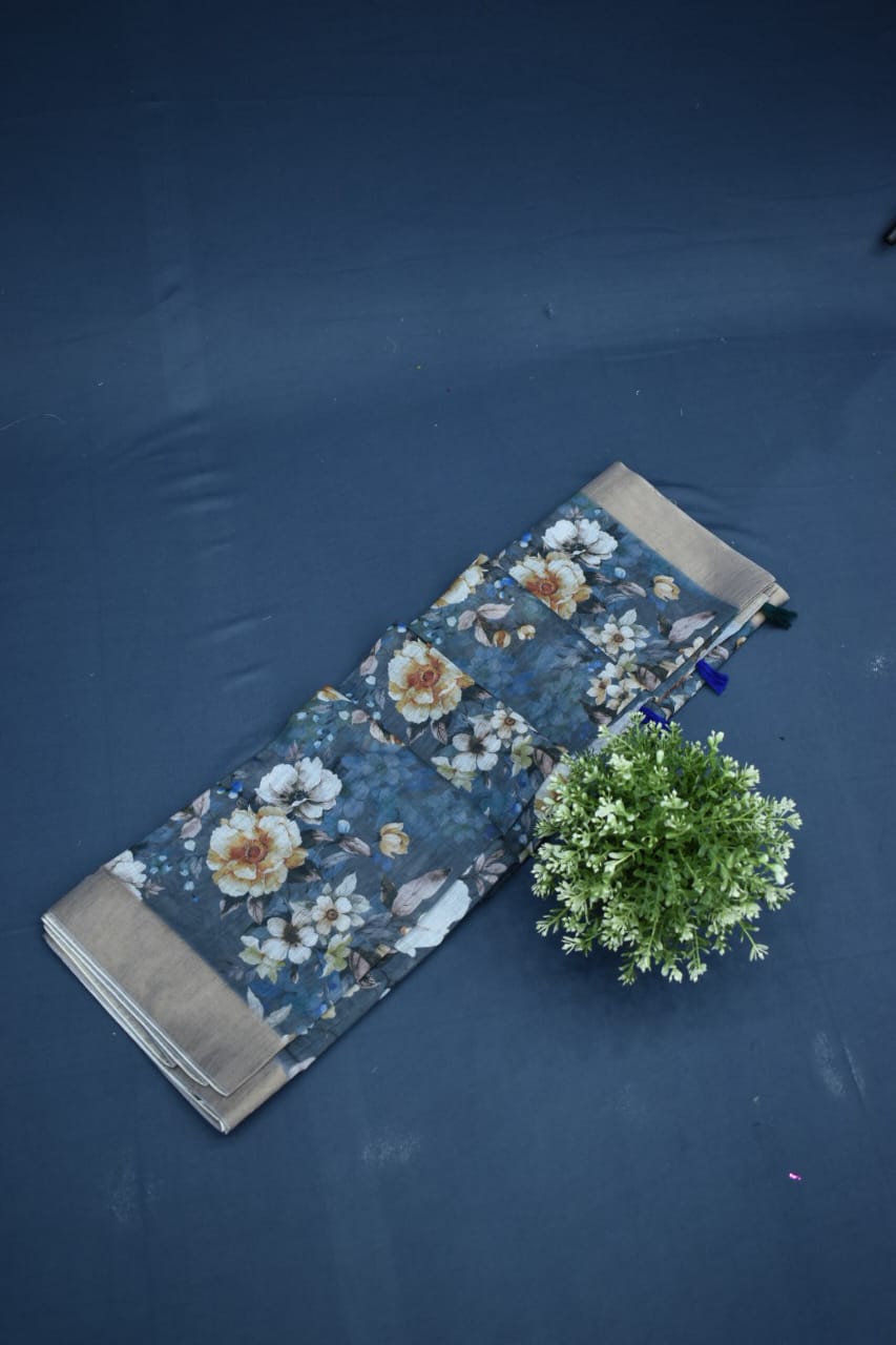 AZURE BLUE- LINEN COTTON FLORAL PRIINT SAREE